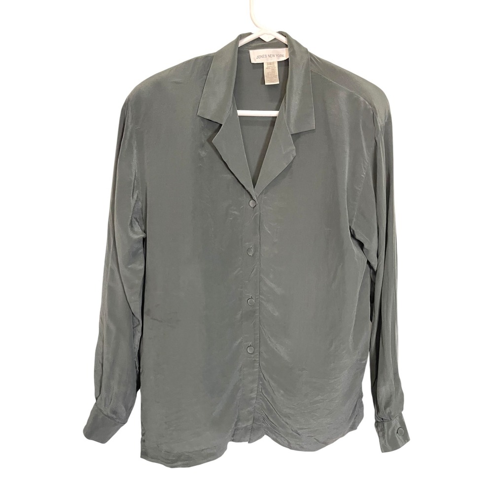 Jones New York 6 Dark Green Silk Button Down Blouse Notched Collar Minimalist